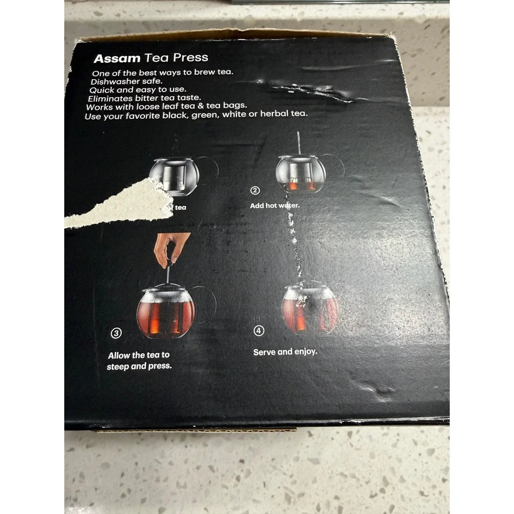 Bodum Assam Tea Press Glass Teapot 34oz‎ Black Excellent Condition 1805-01TG